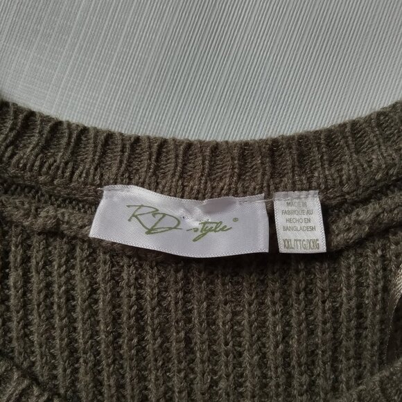 Rd Style Dark Olive Green Long Sleeve Crewneck Ribbed Knitwear Pullover Sweater - Picture 3 of 12
